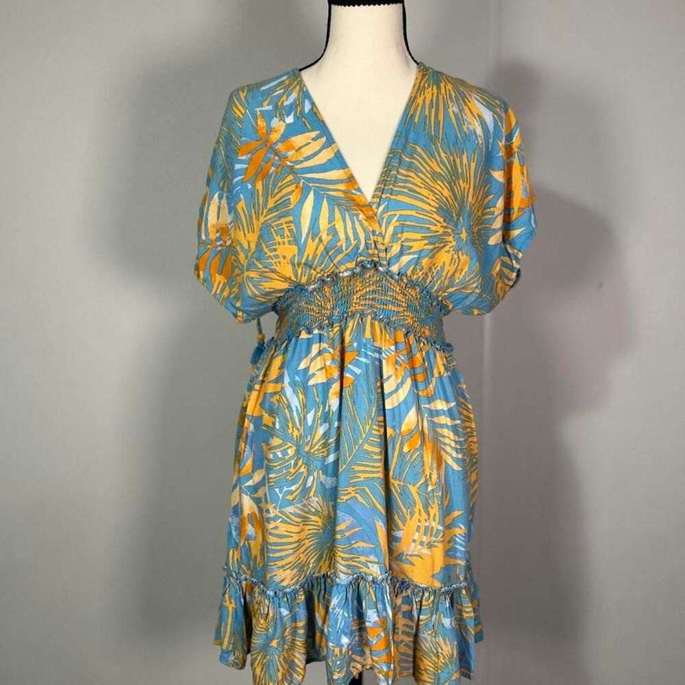 Blue Island Tropical Palm Print Smocked Mini Dress Open Back Tassel Tie Size S